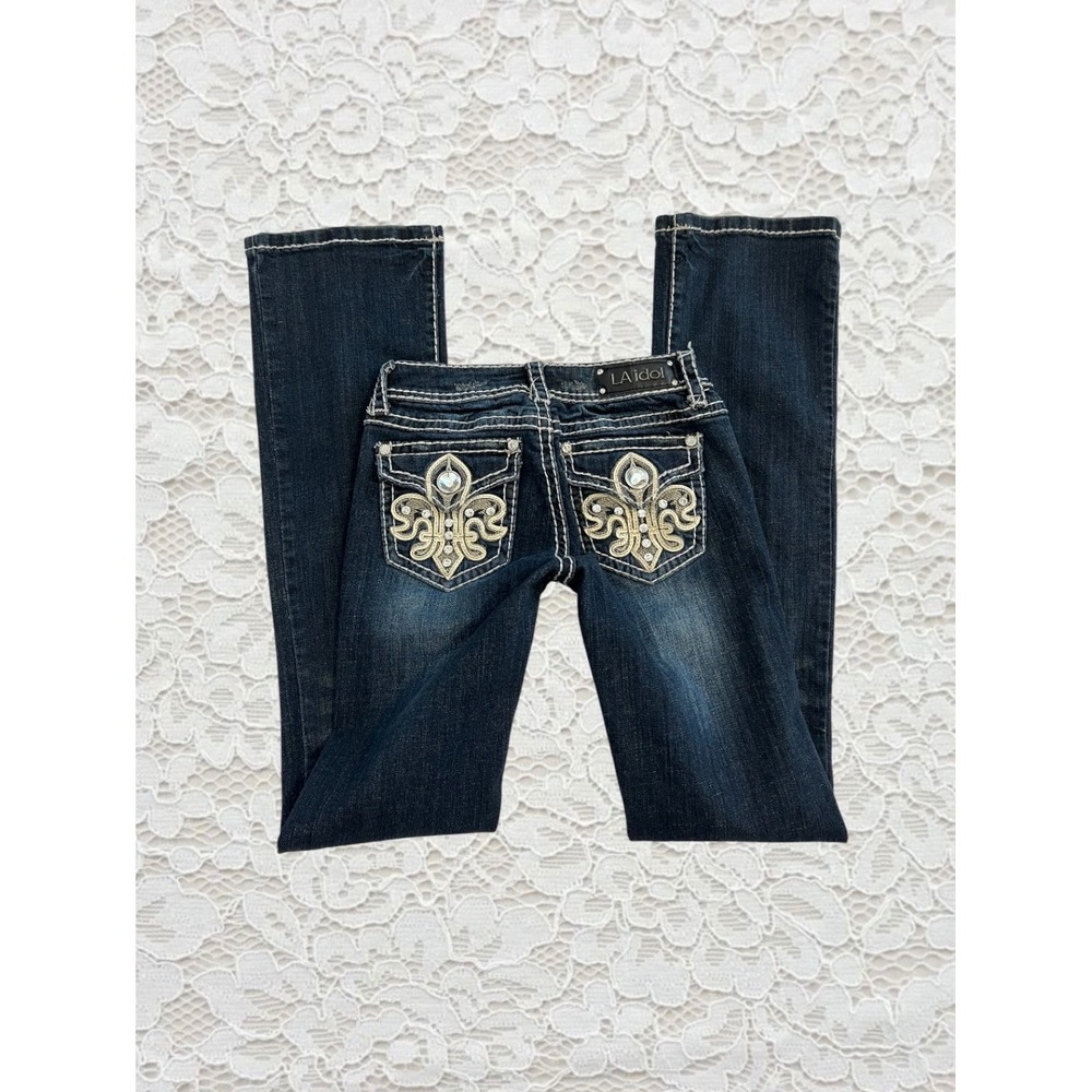 vintage cyber y2k contrast stitch fleur de lis embellished low rise flare jeans